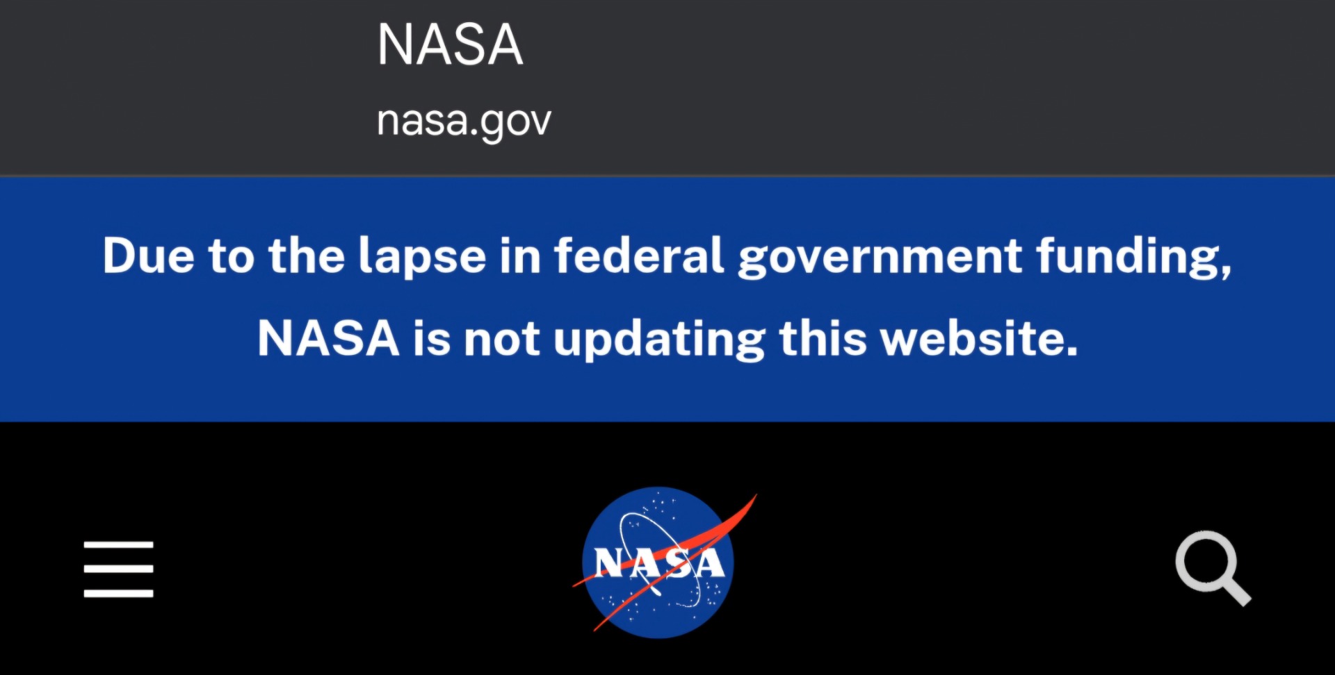 A NASA weboldalának fejléce